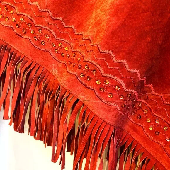 Western Boho Suede Leather Fringe Poncho Cape Rust Terracotta Newport News SM - Picture 7 of 13
